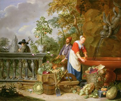 Eine Magd wäscht Karotten an einem Brunnen mit zwei Gärtnern bei der Arbeit von Nicolaas or Nicolaes Muys